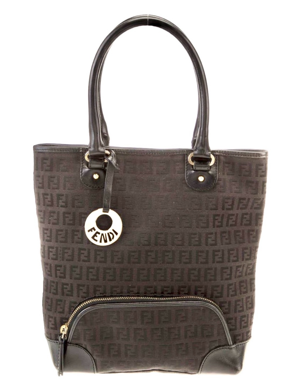 Fendi Zucchino Dark Brown Zucca Logo Tote Bag purse Front Zip Pocket